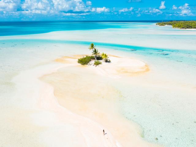 Aerial View Over White Sandy Beach on Motu in Fakarava Tahiti Tourisme © Jim Winter