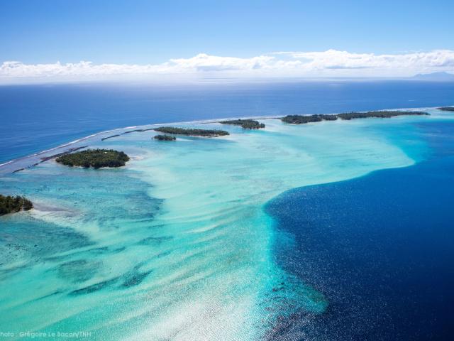 Aerial View Over motu in Bora Bora